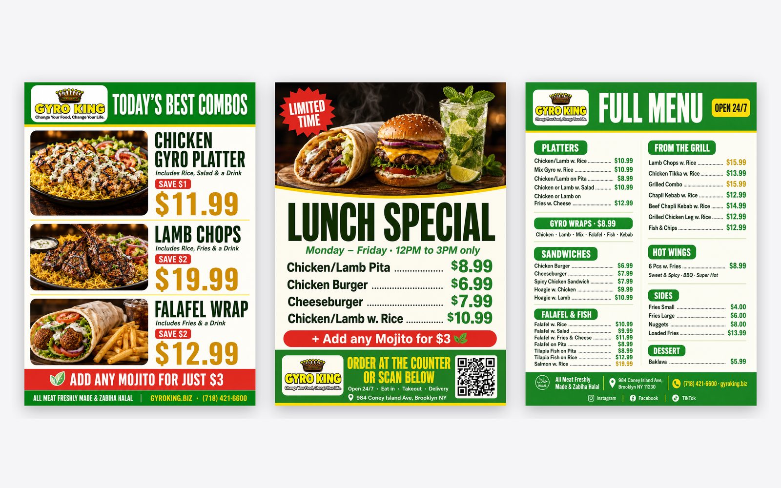 Three print designs we made for Gyro King side by side: a Today's Best Combos table tent, a Lunch Special flyer and a Full Menu flyer