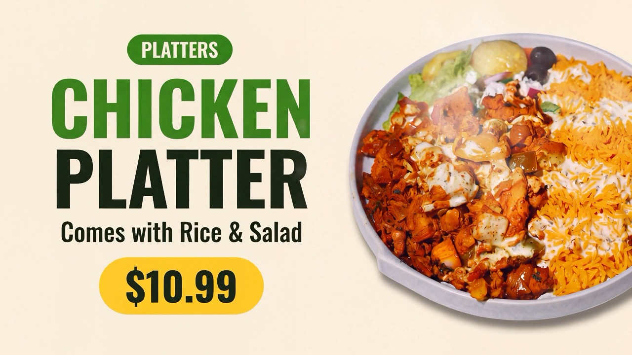 A still from a Gyro King menu ad: a chicken platter with rice and salad on the right, and bold green text reading Chicken Platter, Comes with Rice and Salad, with a yellow price tag graphic on the left